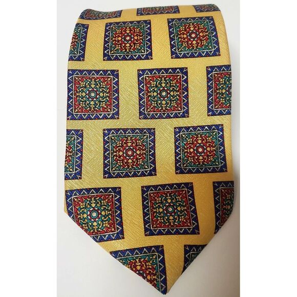 Tom James 100% Silk Tie USA Yellow/Purple/Red/Green Square Geometric Pattern - Picture 4 of 11